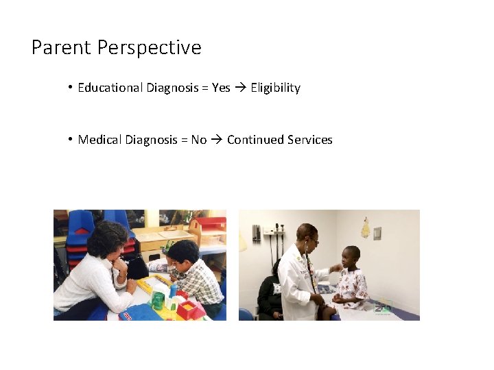 Parent Perspective • Educational Diagnosis = Yes Eligibility • Medical Diagnosis = No Continued