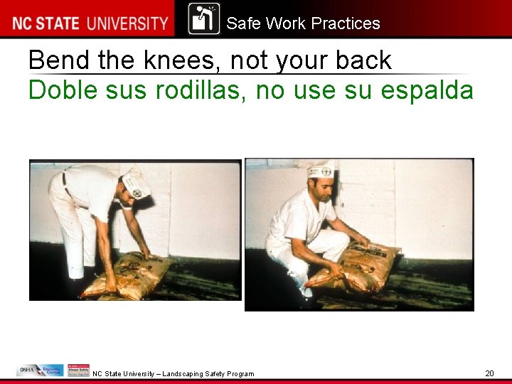 Safe Work Practices Bend the knees, not your back Doble sus rodillas, no use