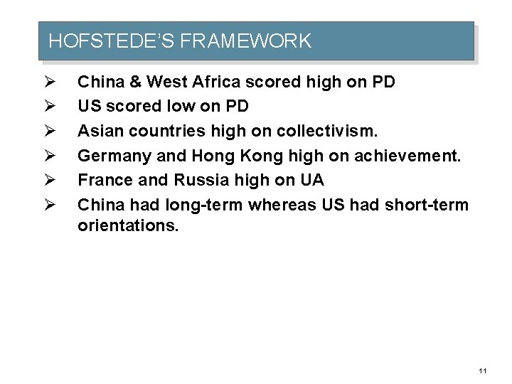 HOFSTEDE’S FRAMEWORK Ø Ø Ø China & West Africa scored high on PD US