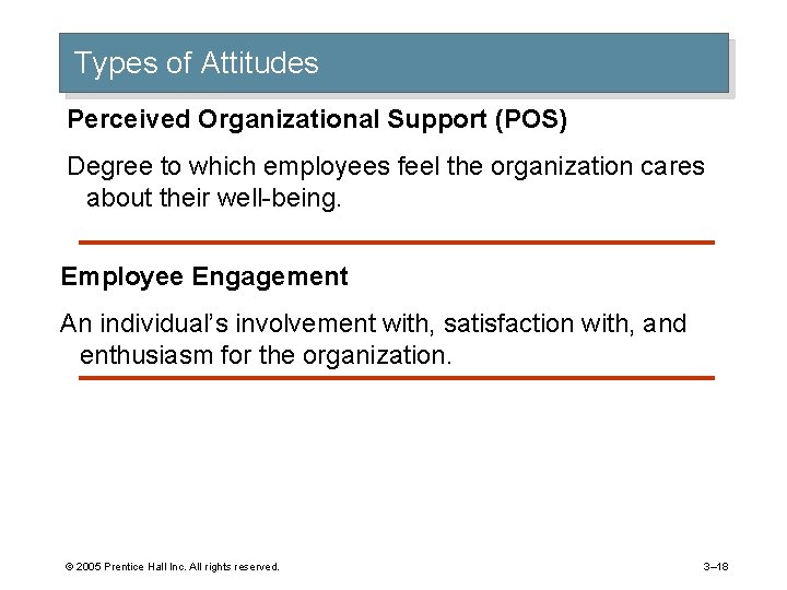 Types of Attitudes Perceived Organizational Support (POS) Degree to which employees feel the organization