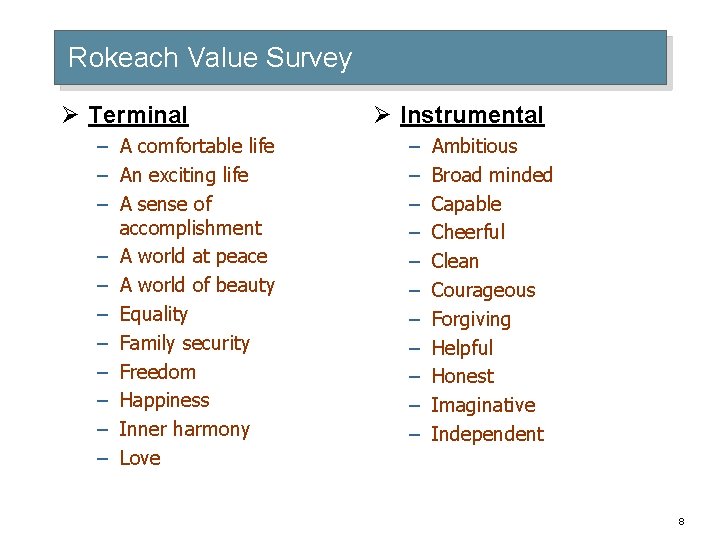 Rokeach Value Survey Ø Terminal – A comfortable life – An exciting life –