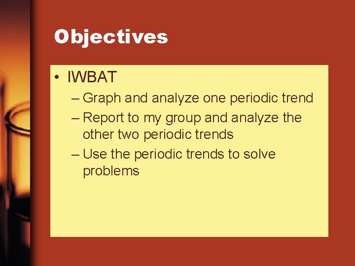 Objectives • IWBAT – Graph and analyze one periodic trend – Report to my