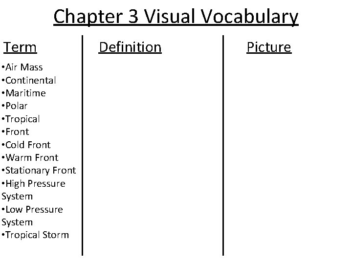 Chapter 3 Visual Vocabulary Term • Air Mass • Continental • Maritime • Polar