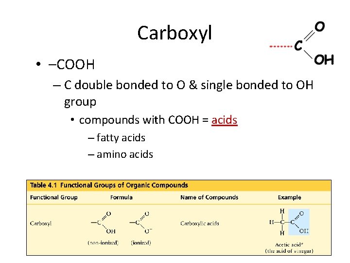 Carboxyl • –COOH – C double bonded to O & single bonded to OH