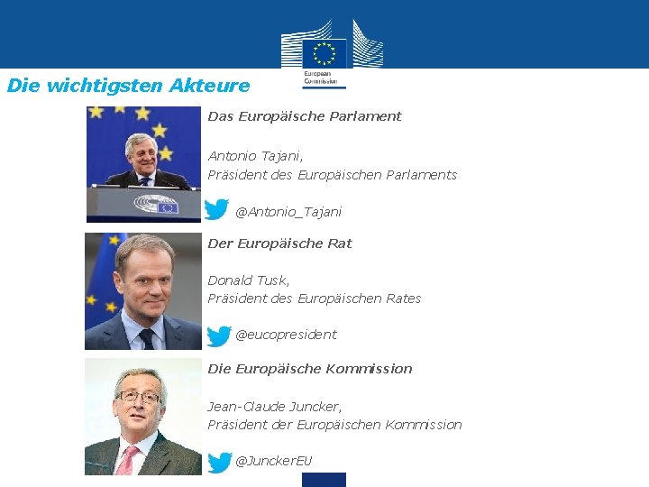 Die wichtigsten Akteure Das Europäische Parlament Antonio Tajani, Präsident des Europäischen Parlaments @Antonio_Tajani Der