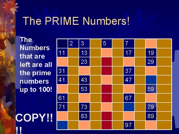 The PRIME Numbers! The 2 Numbers 11 that are left are all the prime