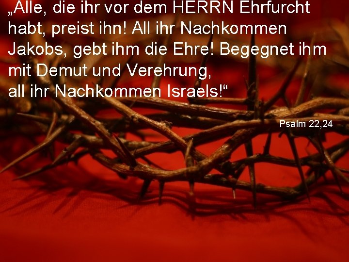 „Alle, die ihr vor dem HERRN Ehrfurcht habt, preist ihn! All ihr Nachkommen Jakobs,