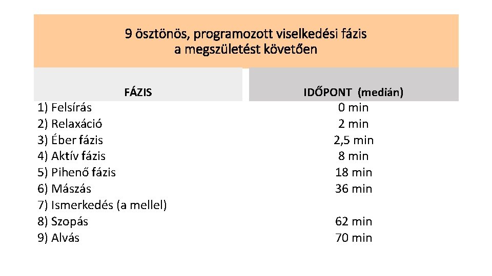 9 ösztönös, programozott viselkedési fázis a megszületést követően FÁZIS 1) Felsírás 2) Relaxáció 3)