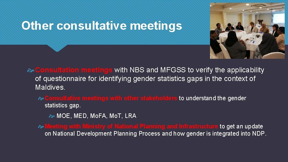 Other consultative meetings Consultation meetings with NBS and MFGSS to verify the applicability of