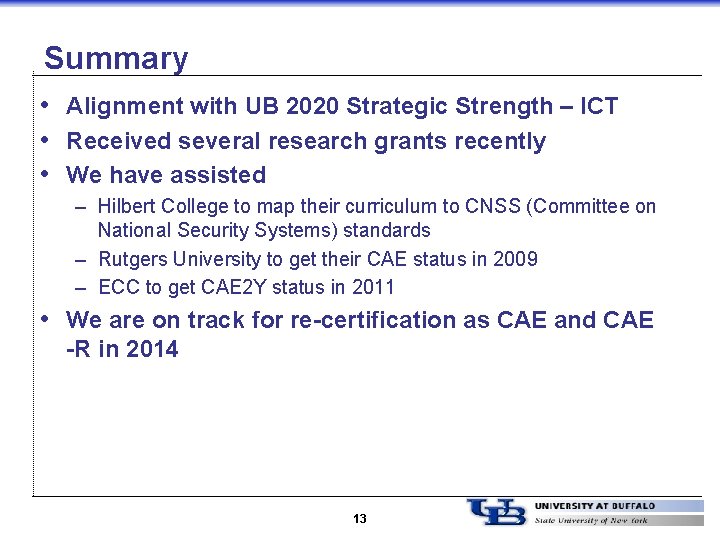 Summary • Alignment with UB 2020 Strategic Strength – ICT • Received several research