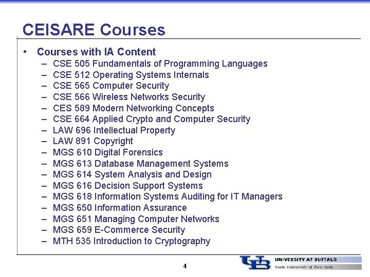 CEISARE Courses • Courses with IA Content – – – – – CSE 505