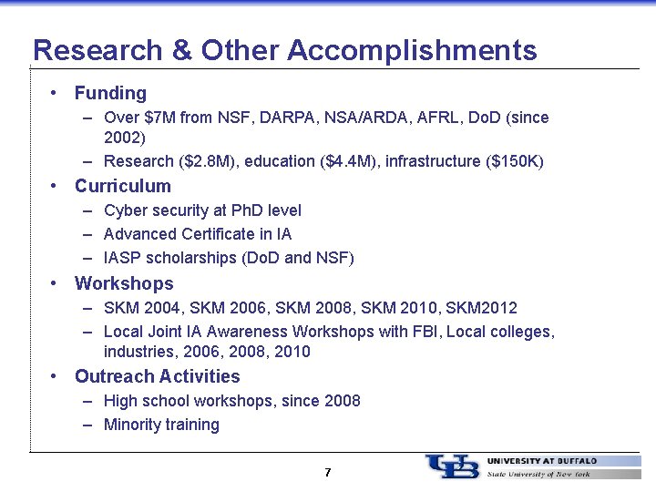 Research & Other Accomplishments • Funding – Over $7 M from NSF, DARPA, NSA/ARDA,