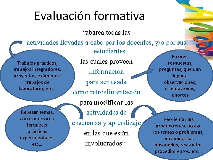 Evaluación formativa “abarca todas las actividades llevadas a cabo por los docentes, y/o por