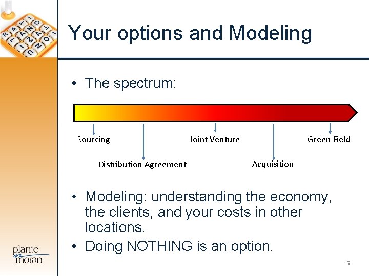 Your options and Modeling • The spectrum: Sourcing Distribution Agreement Joint Venture Green Field