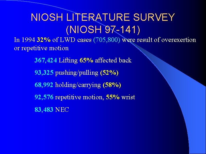 NIOSH LITERATURE SURVEY (NIOSH 97 -141) In 1994 32% of LWD cases (705, 800)