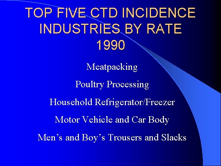 TOP FIVE CTD INCIDENCE INDUSTRIES BY RATE 1990 Meatpacking Poultry Processing Household Refrigerator/Freezer Motor