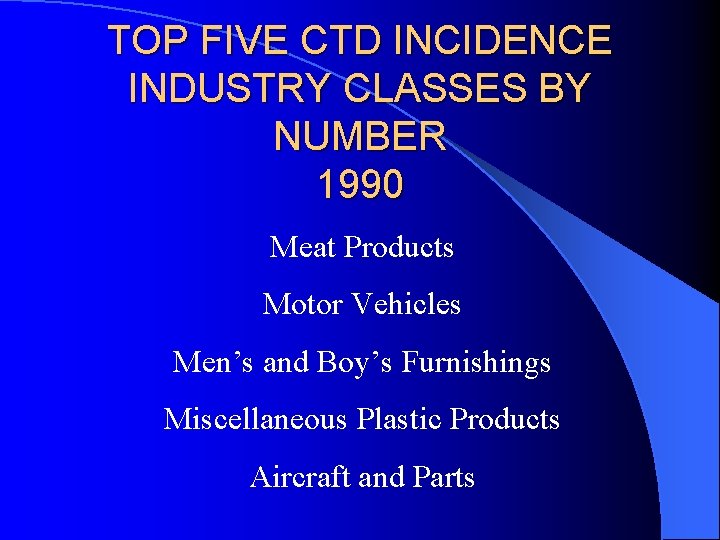 TOP FIVE CTD INCIDENCE INDUSTRY CLASSES BY NUMBER 1990 Meat Products Motor Vehicles Men’s
