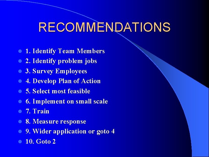 RECOMMENDATIONS l l l l l 1. Identify Team Members 2. Identify problem jobs