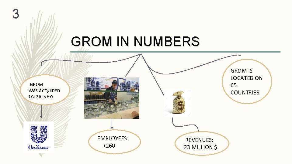 3 GROM IN NUMBERS GROM IS LOCATED ON 65 COUNTRIES GROM WAS ACQUIRED ON