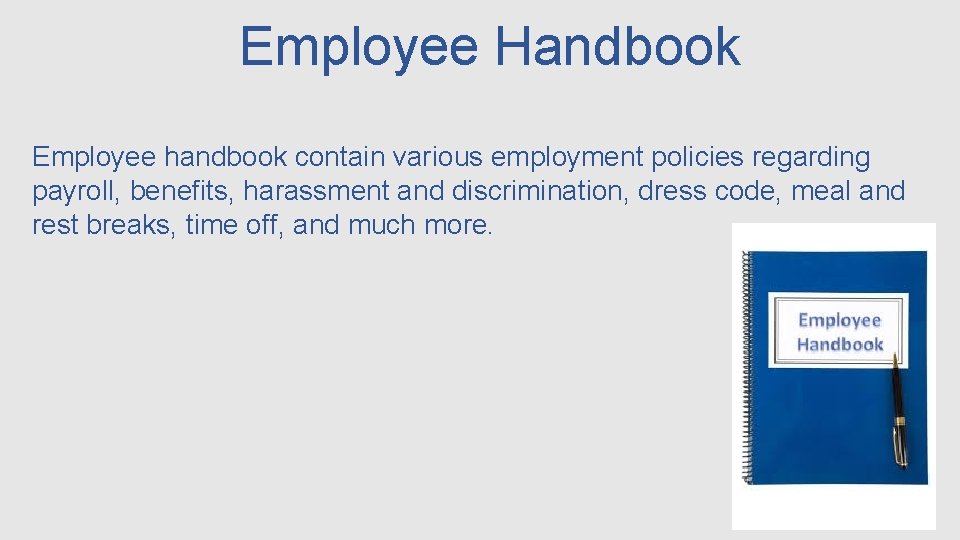 Employee Handbook Employee handbook contain various employment policies regarding payroll, benefits, harassment and discrimination,