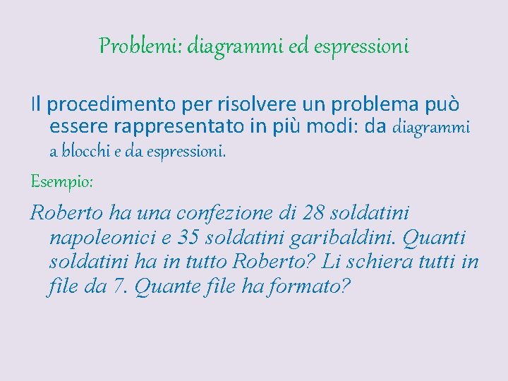 Problemi: diagrammi ed espressioni Il procedimento per risolvere un problema può essere rappresentato in