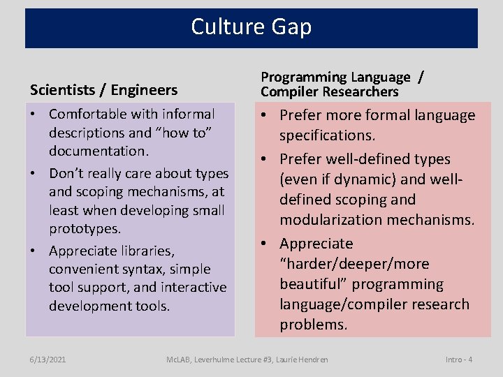 Culture Gap Scientists / Engineers • Comfortable with informal descriptions and “how to” documentation.
