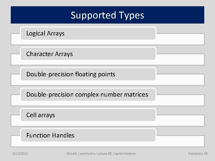 Supported Types Logical Arrays Character Arrays Double-precision floating points Double-precision complex number matrices Cell