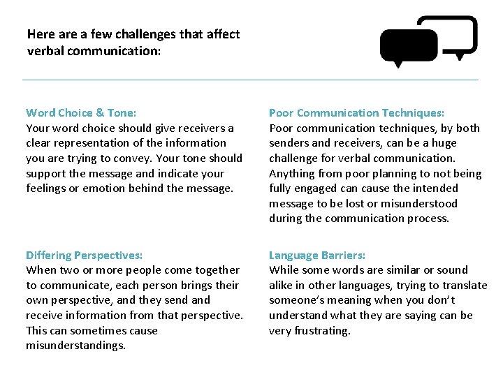 Here a few challenges that affect verbal communication: Word Choice & Tone: Your word