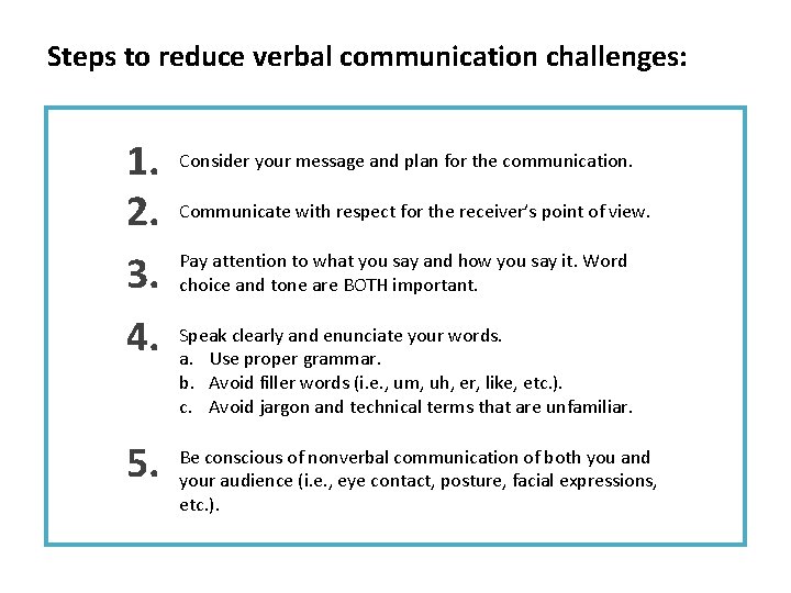Steps to reduce verbal communication challenges: 1. 2. 3. 4. 5. Consider your message
