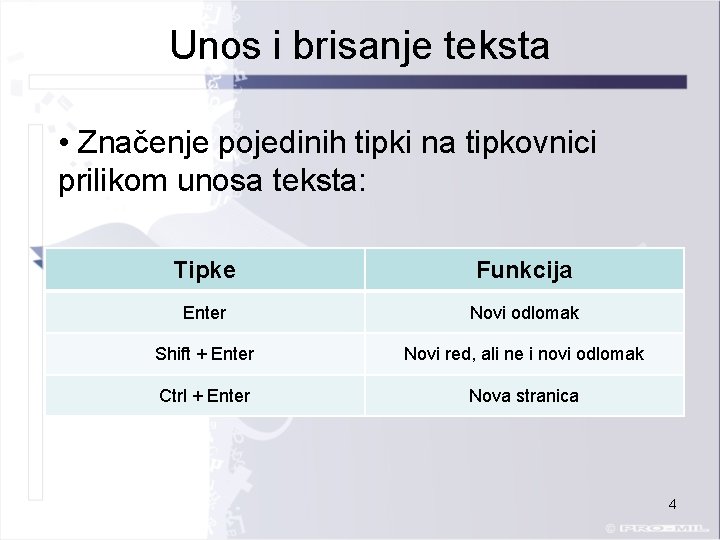 Unos i brisanje teksta • Značenje pojedinih tipki na tipkovnici prilikom unosa teksta: Tipke