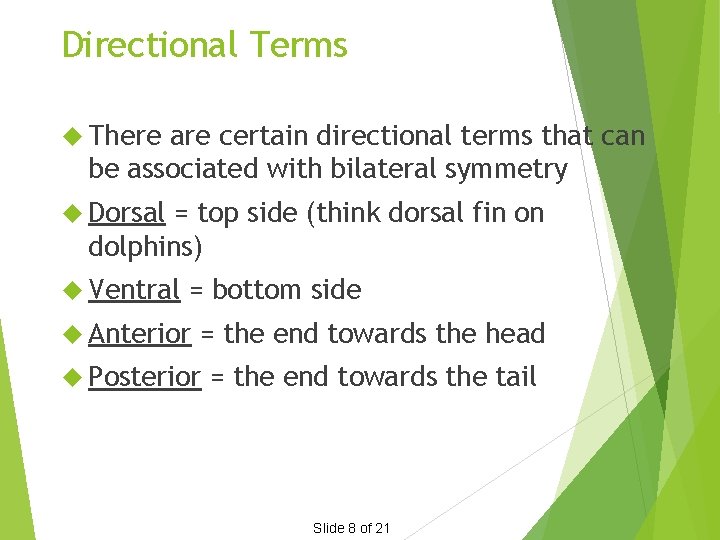 Directional Terms There are certain directional terms that can be associated with bilateral symmetry