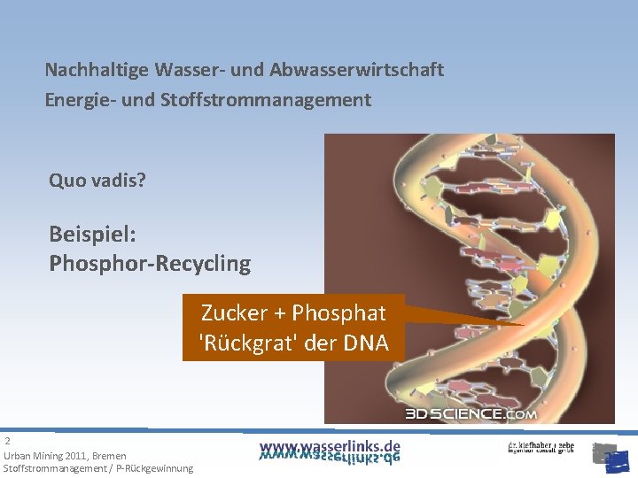 Nachhaltige Wasser- und Abwasserwirtschaft Energie- und Stoffstrommanagement Quo vadis? Beispiel: Phosphor-Recycling Zucker + Phosphat