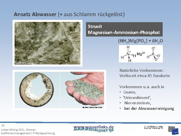 Ansatz Abwasser (+ aus Schlamm rückgelöst) Struvit Magnesium-Ammonium-Phosphat (NH 4)Mg[PO 4] • 6 H