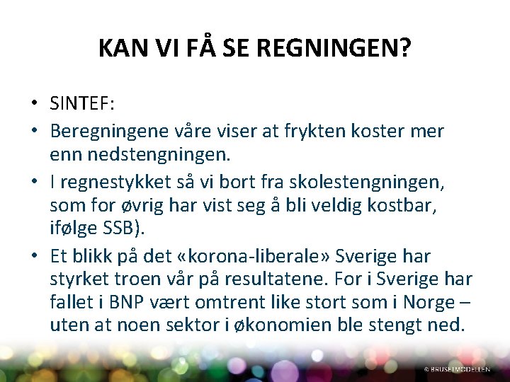 KAN VI FÅ SE REGNINGEN? • SINTEF: • Beregningene våre viser at frykten koster