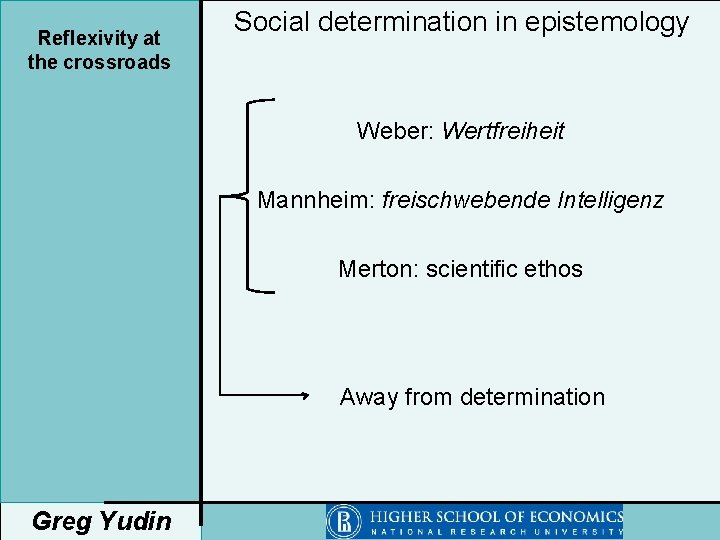 Reflexivity at the crossroads Social determination in epistemology Weber: Wertfreiheit Mannheim: freischwebende Intelligenz Merton: