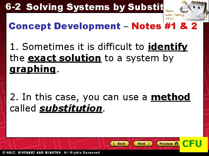 6 -2 Solving Systems by Substitution Concept Development – Notes #1 & 2 1.
