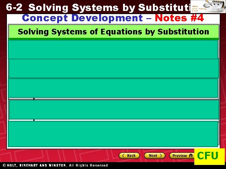 6 -2 Solving Systems by Substitution Concept Development – Notes #4 Solving Systems of