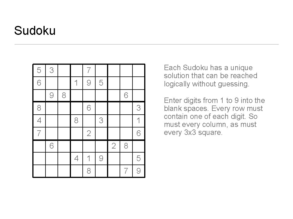 Sudoku 5 3 6 Each Sudoku has a unique solution that can be reached