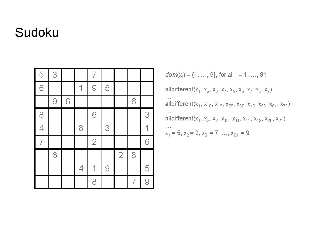 Sudoku 5 3 6 7 dom(xi) = {1, …, 9}, for all i =