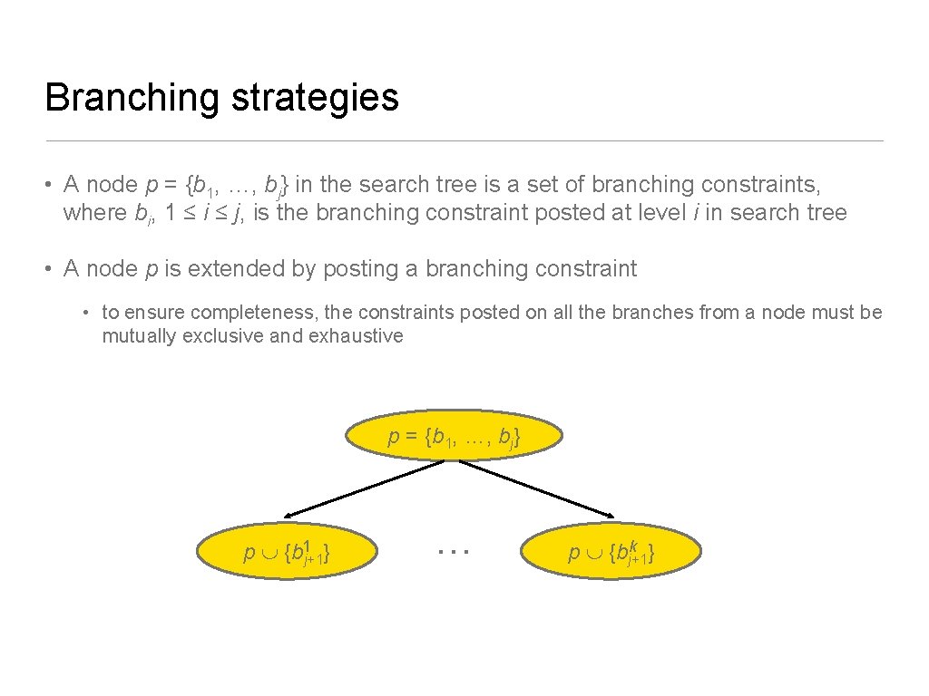 Branching strategies • A node p = {b 1, …, bj} in the search