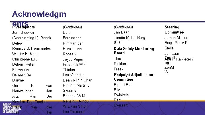 Acknowledgm ents Investigators (Continued) Jorn Brouwer (Coordinating I. ) Ronak Delewi Renicus S. Hermanides