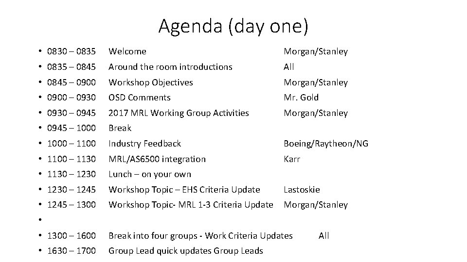 Agenda (day one) • 0830 – 0835 Welcome Morgan/Stanley • 0835 – 0845 Around