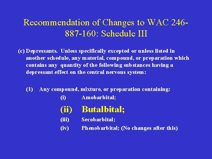 Recommendation of Changes to WAC 246887 -160: Schedule III (c) Depressants. Unless specifically excepted