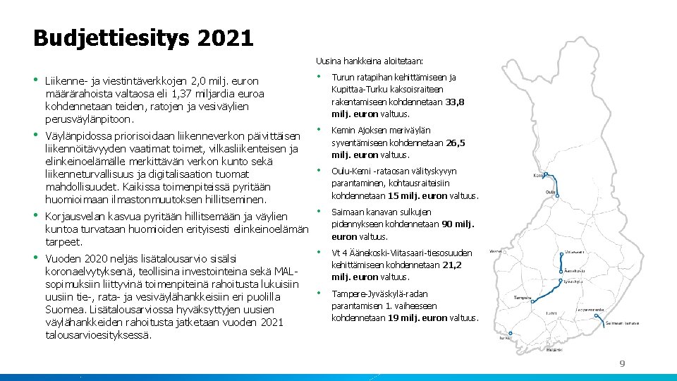 Budjettiesitys 2021 Uusina hankkeina aloitetaan: • Liikenne- ja viestintäverkkojen 2, 0 milj. euron määrärahoista
