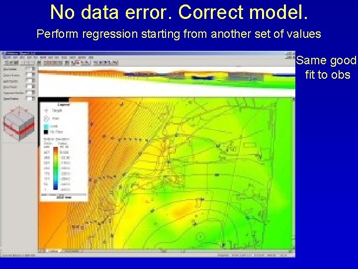 No data error. Correct model. Perform regression starting from another set of values Same