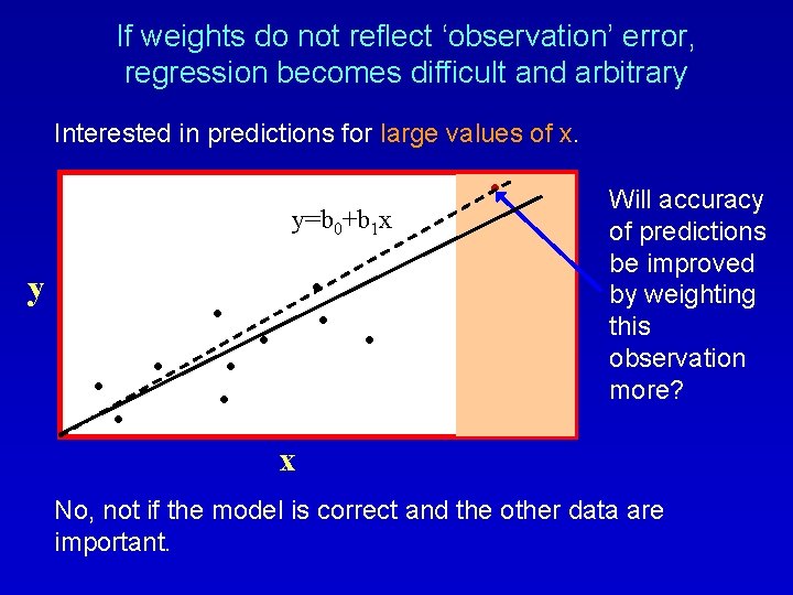 If weights do not reflect ‘observation’ error, regression becomes difficult and arbitrary Interested in