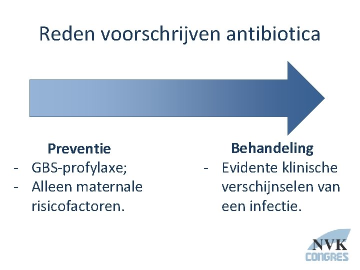 Reden voorschrijven antibiotica Preventie - GBS-profylaxe; - Alleen maternale risicofactoren. Behandeling - Evidente klinische