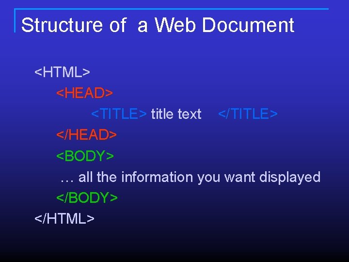 Structure of a Web Document <HTML> <HEAD> <TITLE> title text </TITLE> </HEAD> <BODY> … Structure of a Web Document <HTML> <HEAD> <TITLE> title text </TITLE> </HEAD> <BODY> …