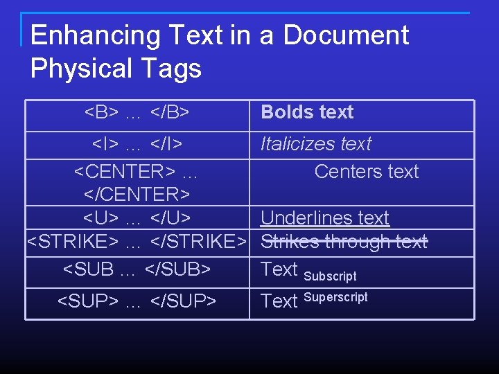 Enhancing Text in a Document Physical Tags <B> … </B> <I> … </I> <CENTER> Enhancing Text in a Document Physical Tags <B> … </B> <I> … </I> <CENTER>