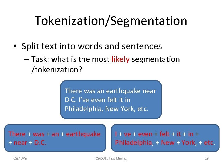 Tokenization/Segmentation • Split text into words and sentences – Task: what is the most